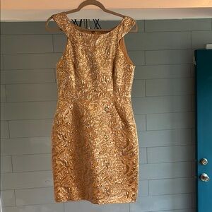 Marchesa Metallic Gold Brocade Cocktail Mini Dress